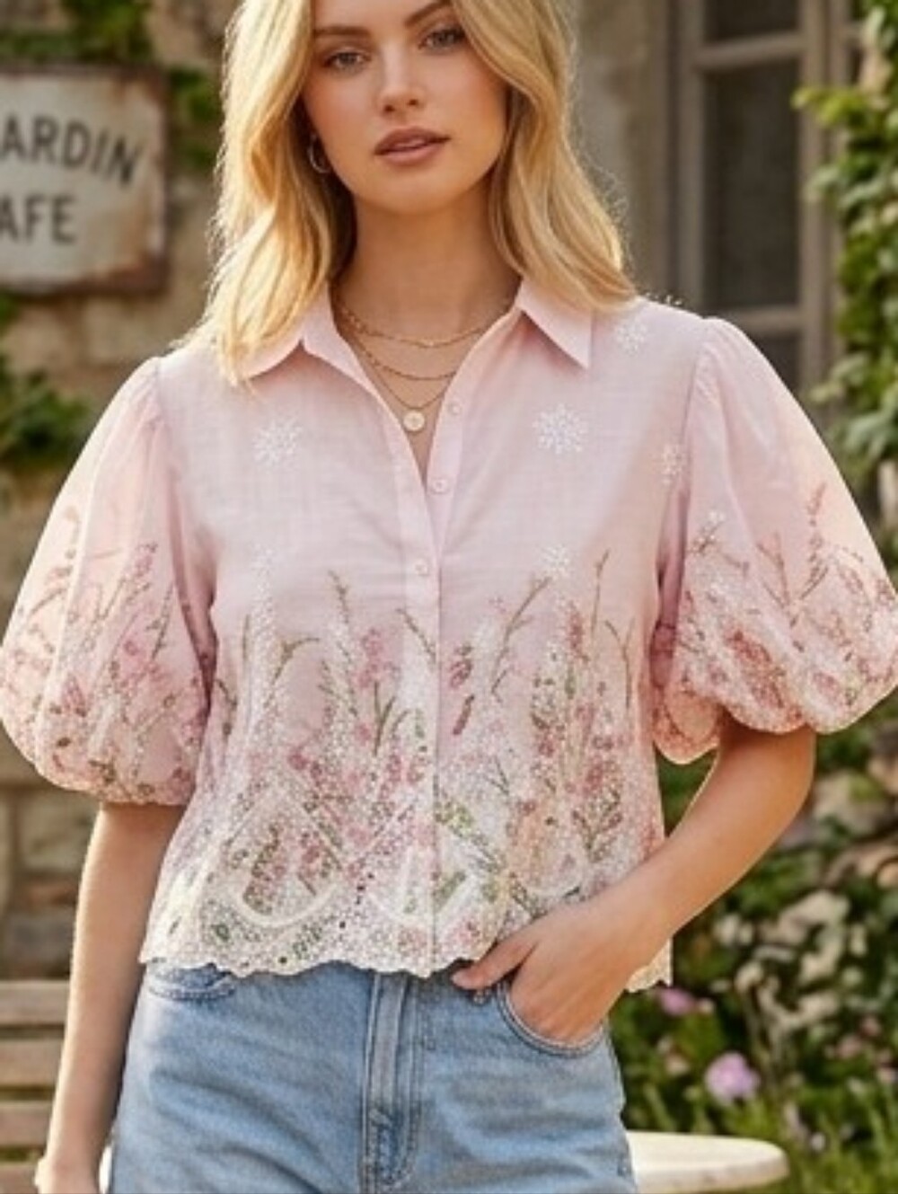 BNWT LV Los Angeles Pink Puff-Sleeve Embroidered Button-Front Top Sz Size L